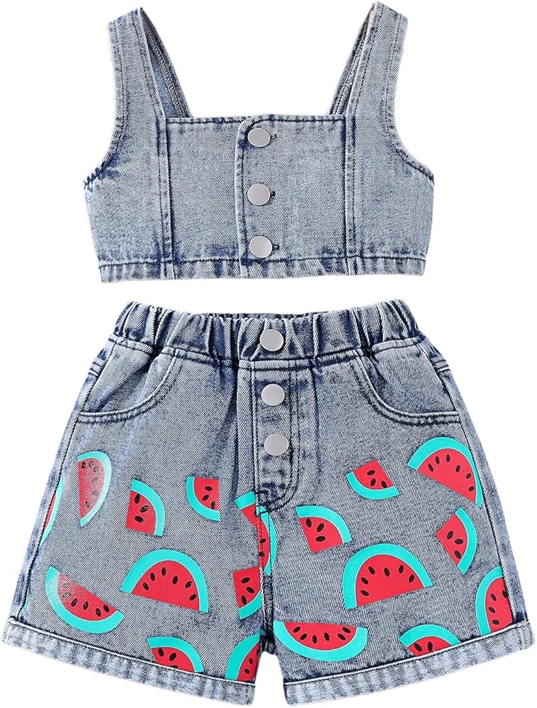 Floerns Toddler Girls 2 Piece Outfit Graphic Print Button Front Tank Top Denim Shorts Set