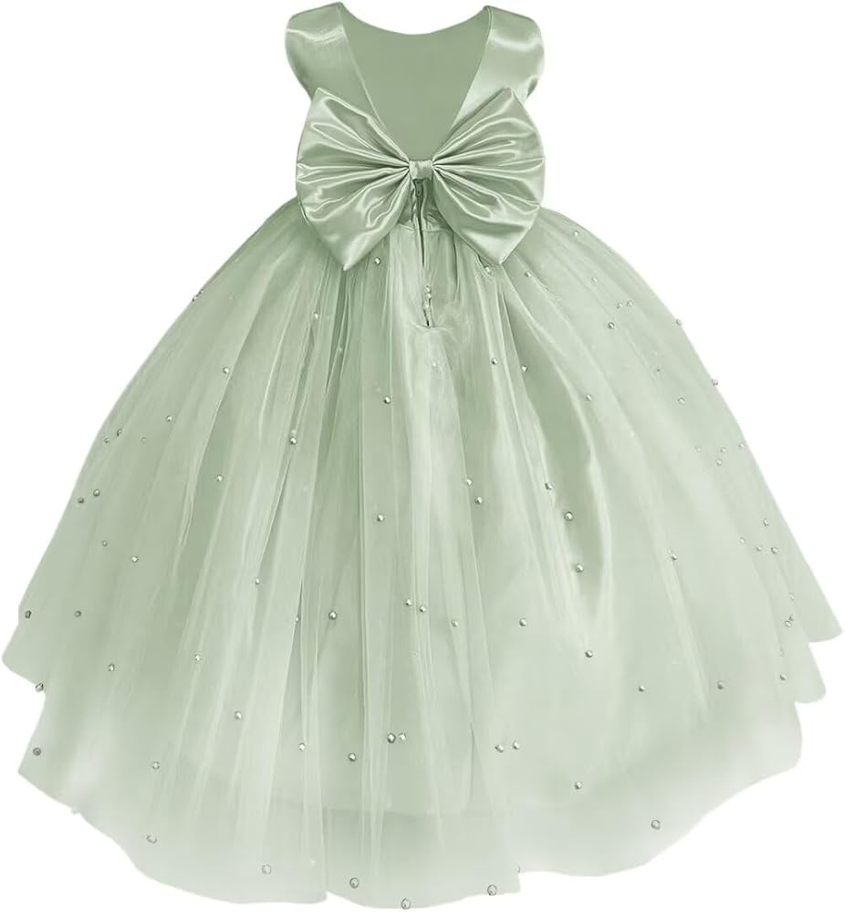 Flower Girl Dress for Wedding Pearl Tulle Satin Floor Length Dresses Princess Pageant Party Prom Gowns with Bow-Knot