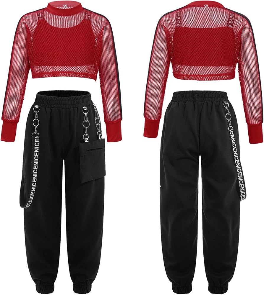 Girls Jazz Street Dance Outfits 2 Piece Hip Hop Clothes Tracksuit Crop Tops with Jogger Pants Set