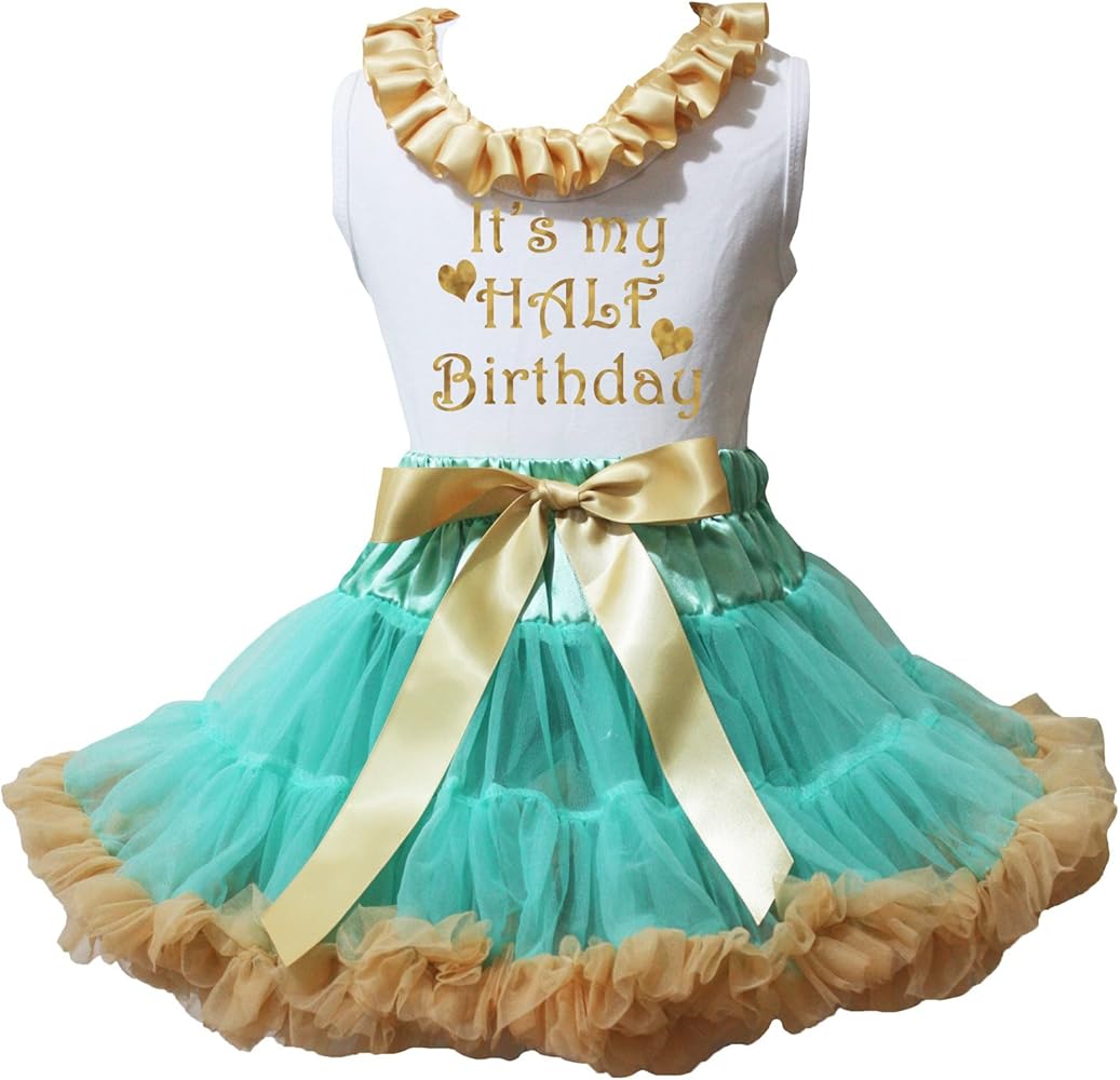 Petitebella Bling It's My Half Birthday Shirt Aqua Blue Gold Girl Skirt 1-8y