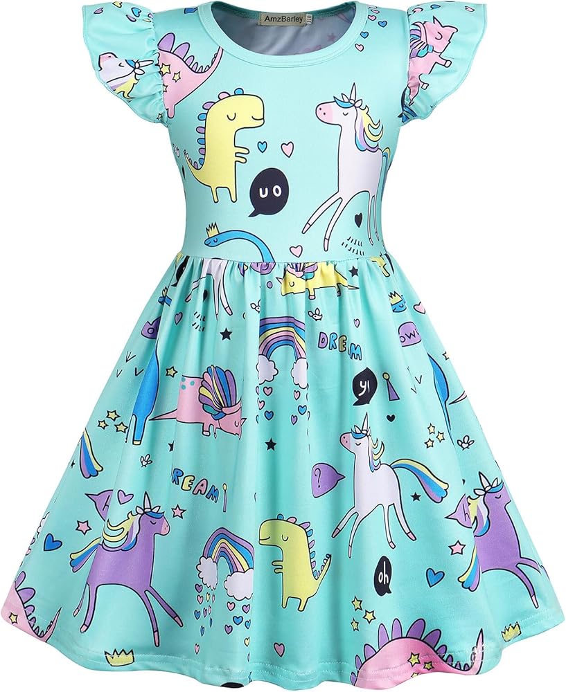 COTRIO Girls Dresses Toddler Kids Cartoon Print Casual Dress Unicorn Birthday Party Playwear Skater Swing Twirly Sundress