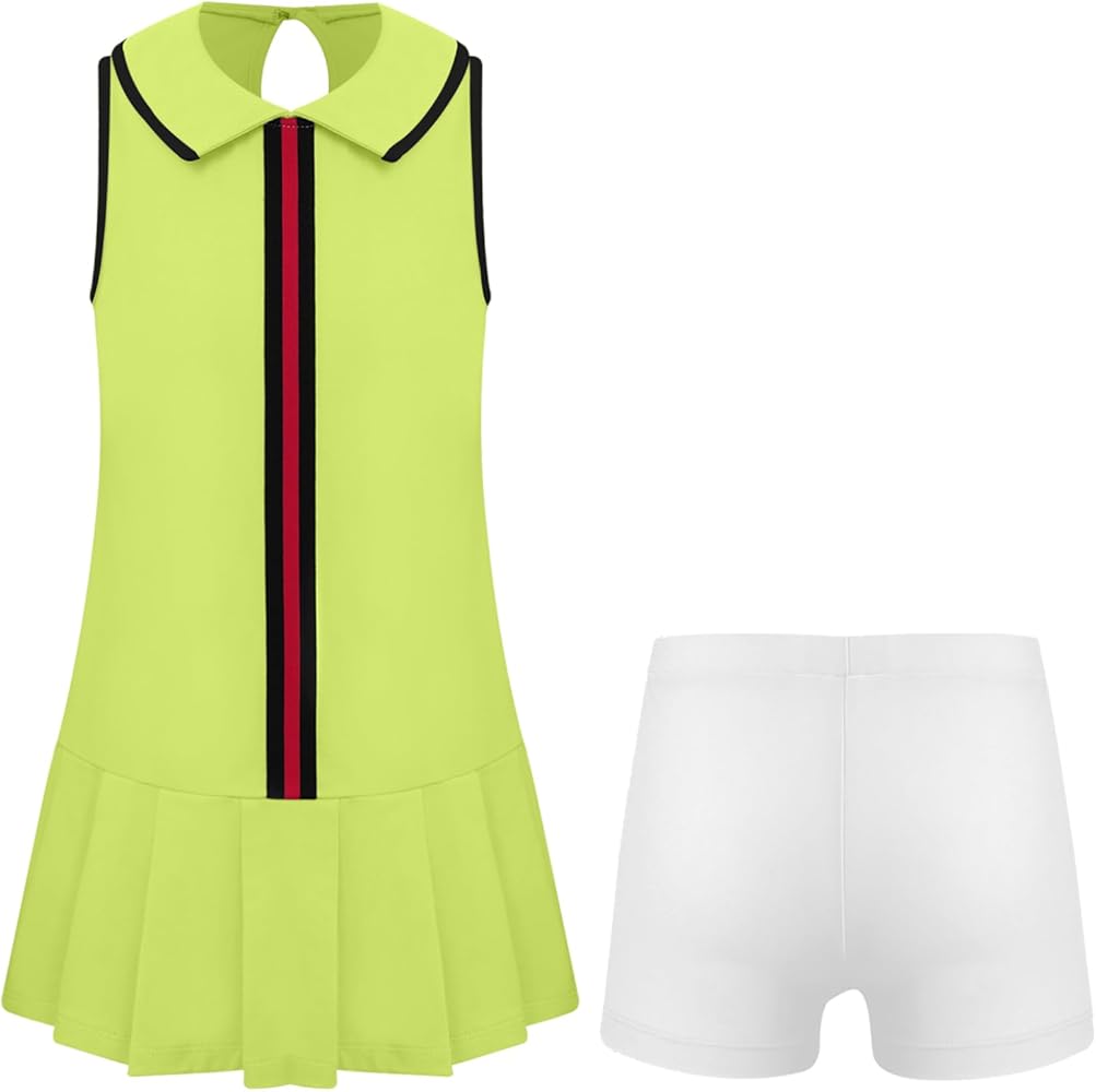 Kids Girls Tennis Golf Dress Outfit Turn-Down Collar Dresses with Shorts Set Sleeveless Sport Activewear