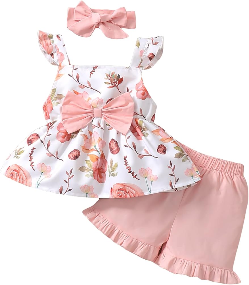 WDIRARA Girl's 2 Piece Set Floral Print Bow Front Top with Ruffle Hem Shorts