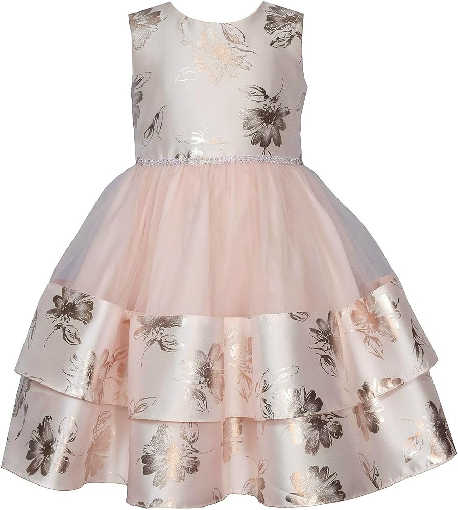 Bonnie Jean Girls 3M-6X Blush Platinum Foiled Floral Mikado Mesh Dress