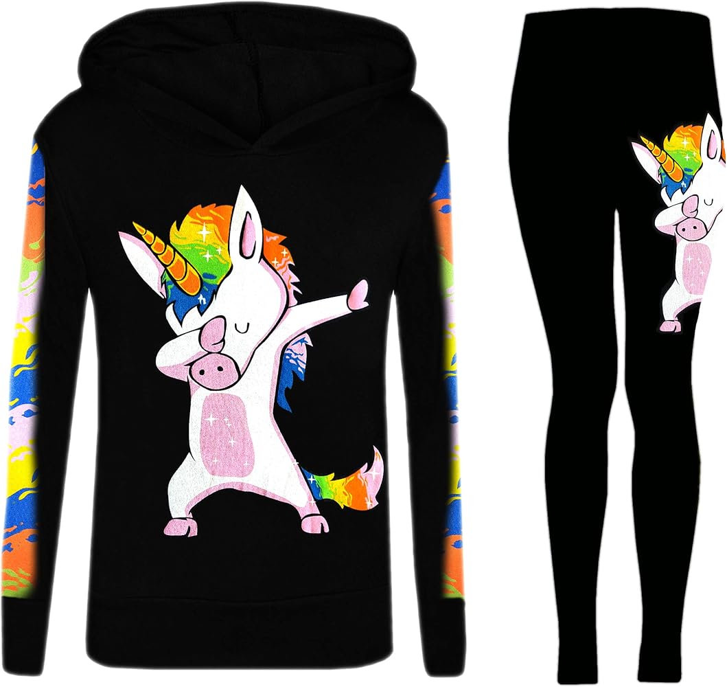 Girls Dabbing Unicorn Hooded Top and Leggings Tracksuit Set in Size 5-14 Years