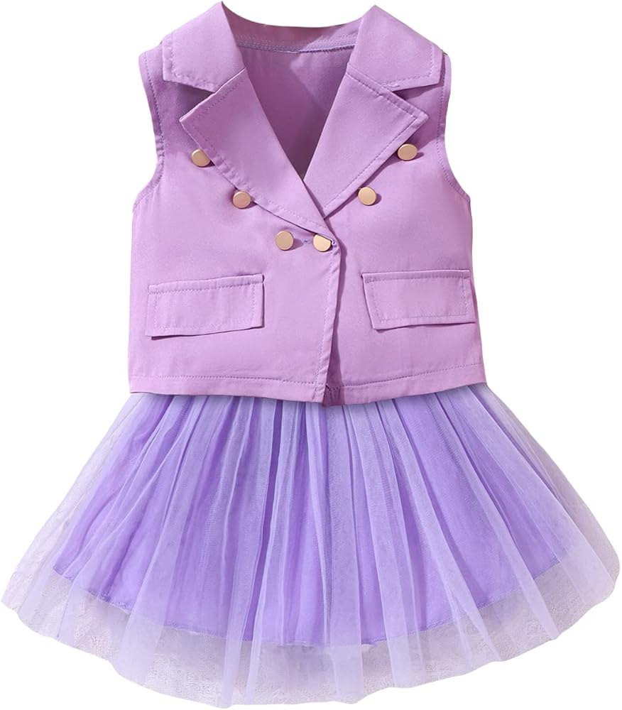 WDIRARA Toddler Girl's 2 Piece Outfit Double Button Blazer Vest and Mesh Pleated Skirt Set