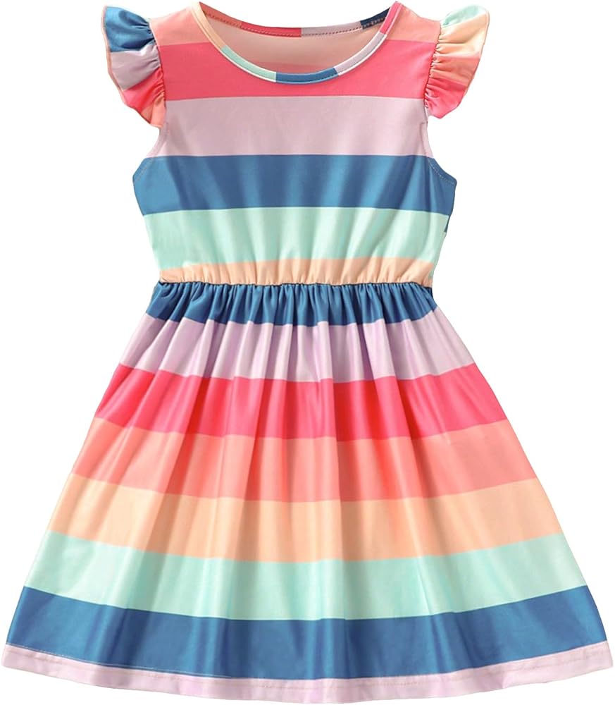 OYOANGLE Girl's Striped Print Ruffle Trim Short Sleeve Round Neck Casual Dress Cute Flared Short Dress