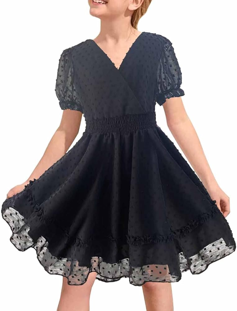 BattleTim Girls Summer Boho Wrap Dress Swiss Dot Puff Sleeve Ruffle Trim Casual Flowy Swing Dresses