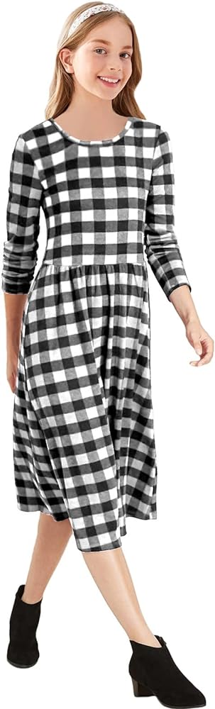 KYMIDY Girls Buffalo Check Plaid Dress Kids Long Sleeve Casual Midi Dresses with Pockets for Girls 6-14 Years