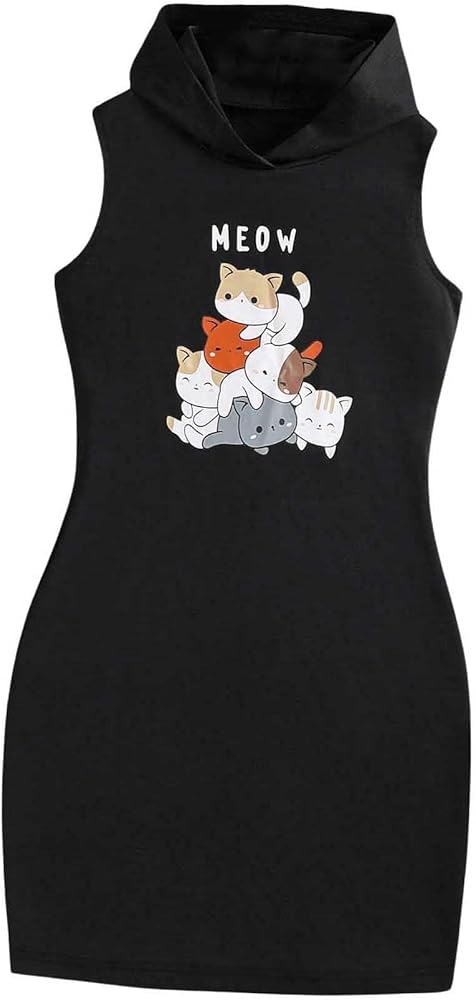 OYOANGLE Girl's Cartoon Graphic Sleeveless Hooded Tank Dress Casual Sweatshirt Dresses