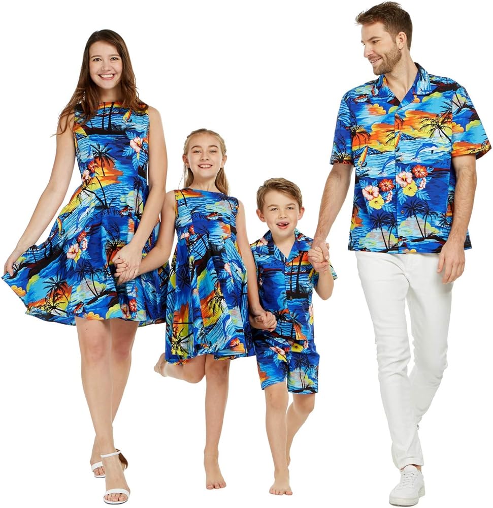 Matchable Family Hawaiian Luau Men Women Girl Boy Clothes in Sunset Blue