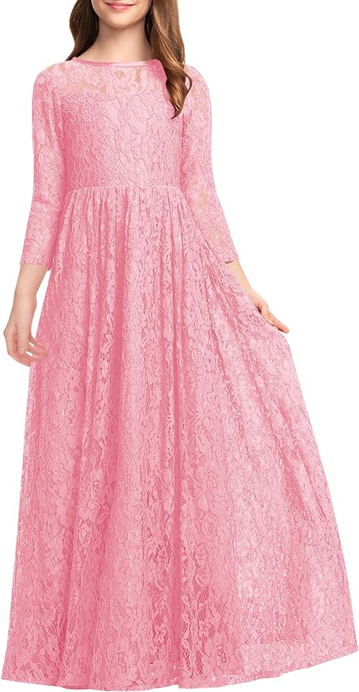 HOSIKA Flower Girls Dress Elegant Boho Lace A-Line Formal Birthday Wedding Party Maxi Dresses for 6-12 Years