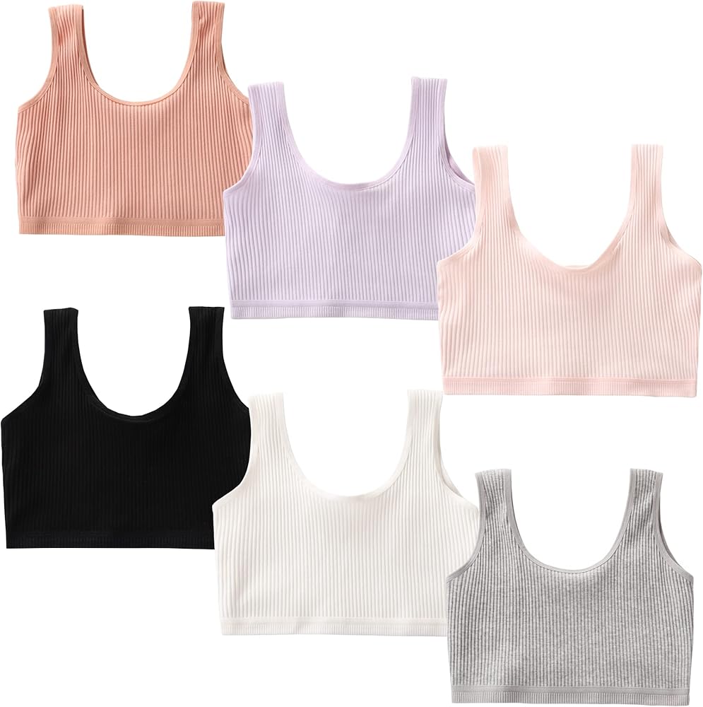 Girls Bra, 6PCS Girls Training Bra Cotton Bralette Seamless Cami Crop Bras