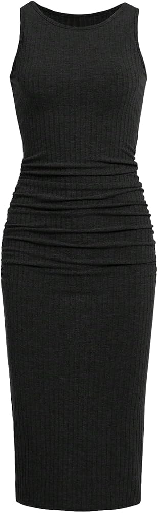 Verdusa Girl's Split Ruched Ribbed Tank Dress Round Neck Sleeveless Ribbed Knit Bodycon Midi Dress