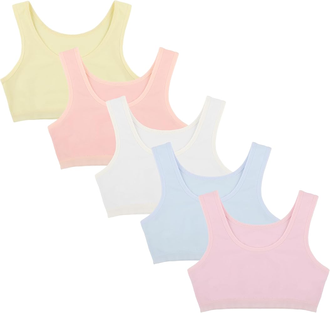 Donella Girls Training Bras - Soft Cotton Kids Sports Bra, 5 Pack Crop Tops