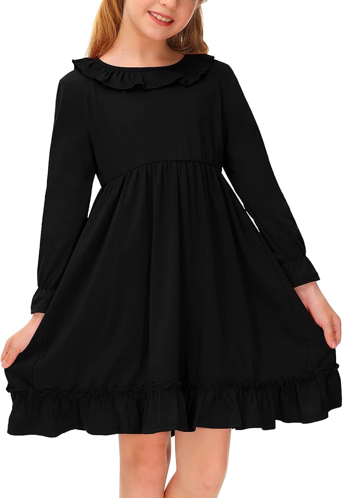 BesserBay Girl's Elastic Waist Ruffle Long Sleeve Fall Midi Dress 4-12 Years