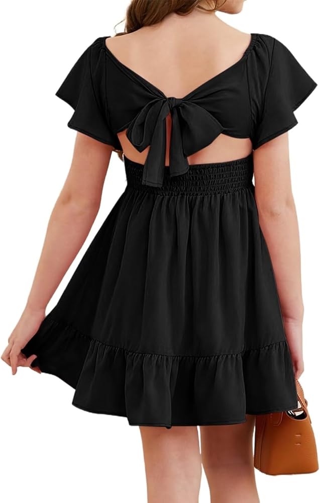 Girls Elegant Ruffle Short Sleeve Back Tie Dresses 6-13 Years Old