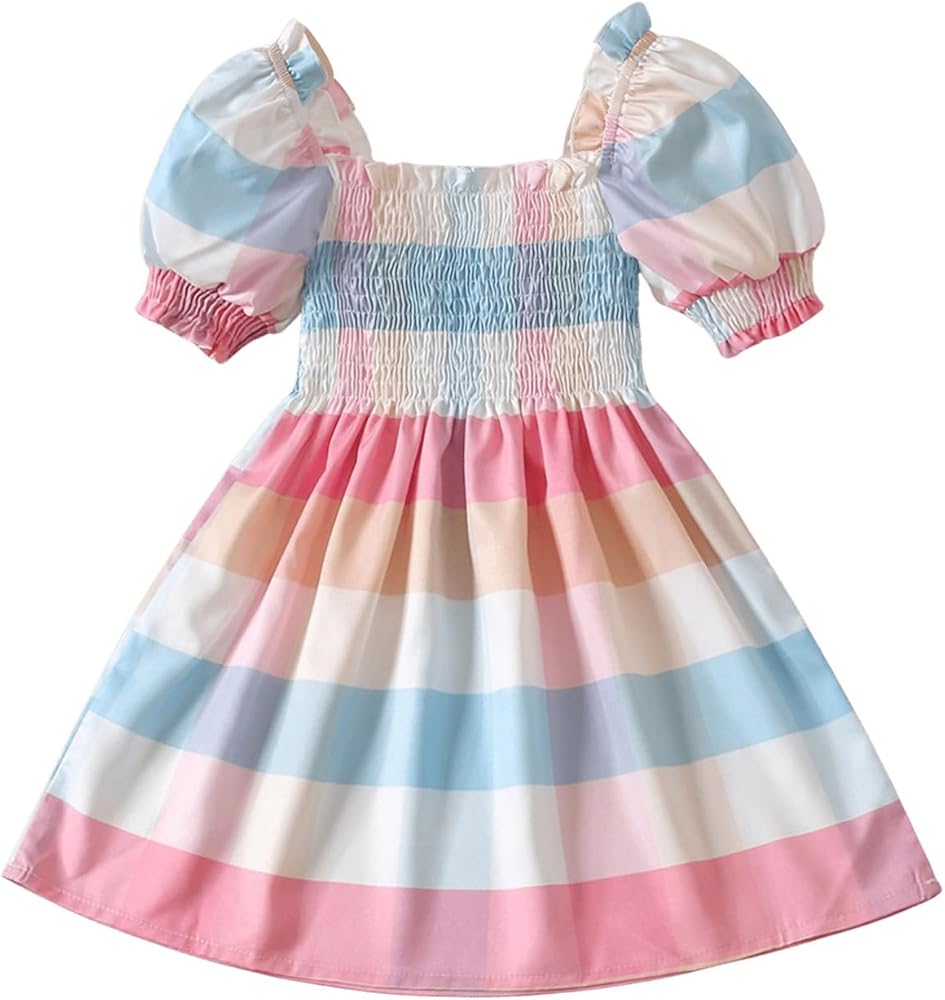 Girl's Puff Short Sleeve Dress Colorful Striped Shirred Ruffle Trim A Line Short Dresses