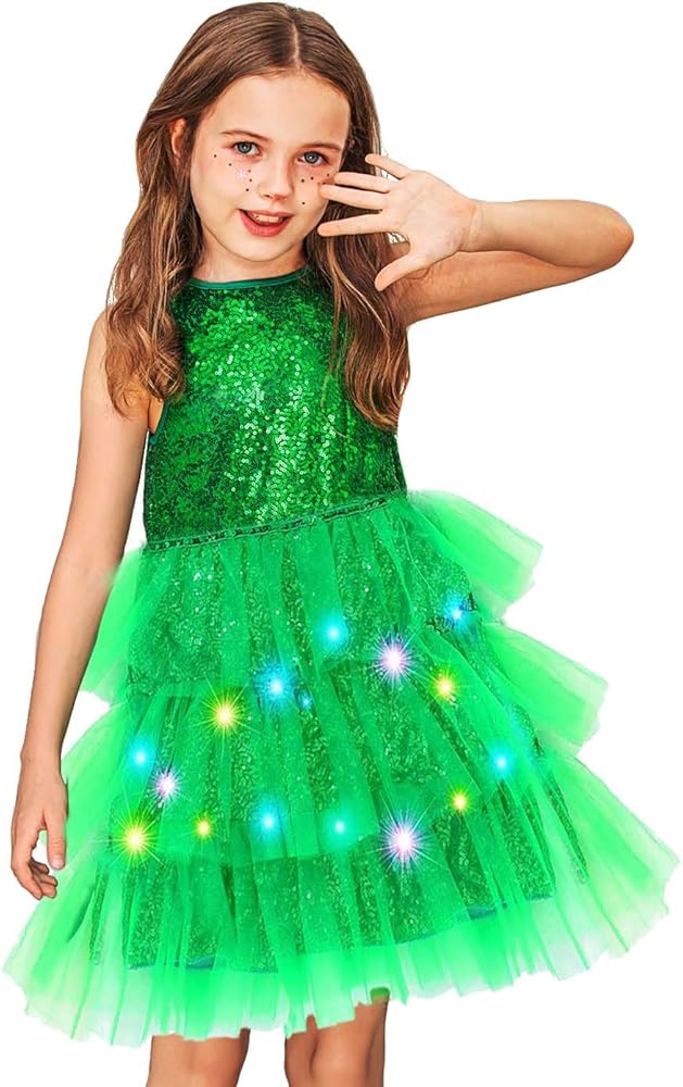 EASEDAILY Light up Girls Dress Glitter Sequin Green Tulle Mesh Ruffle LED Casual Dresses for Birthday Party