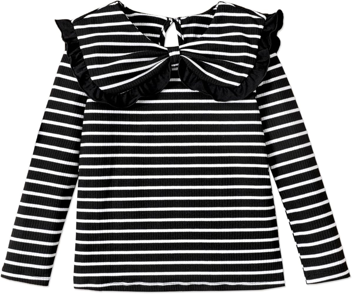 PATPAT Kid Girls Casual Long Sleeve T-Shirts Stripe Bowknot Statement Collar Tops Tees Blouse 5-12 Years