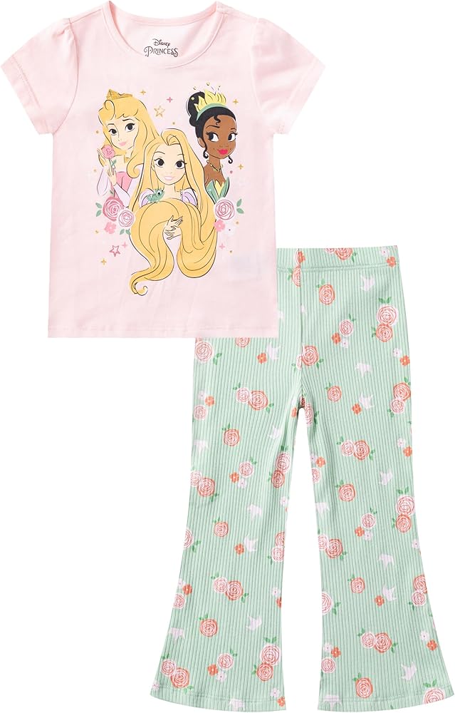 Disney Princess Rapunzel, Tiana, Girls Short Sleeve T-shirt and Flared Legging Pants Set for Toddlers to Big Kids