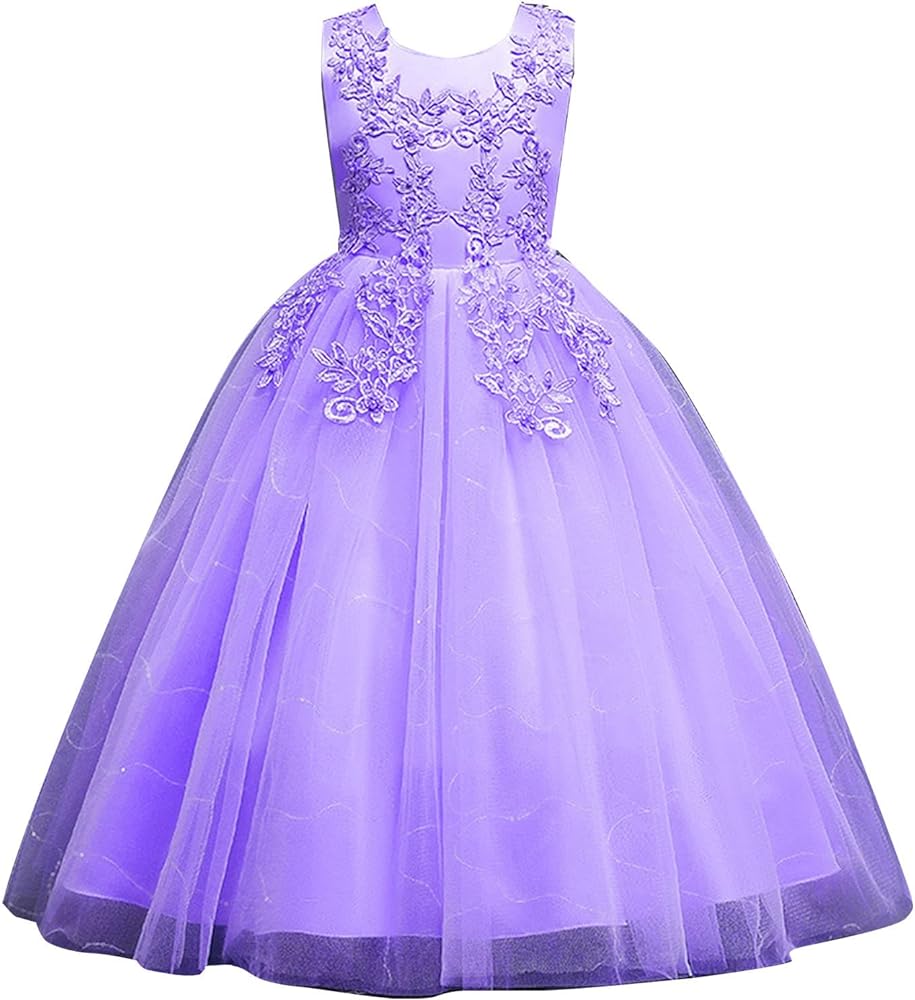 Flowers Little Girls Tulle Lace Wedding Party Dress for Kids Formal Birthday Princess Pageant Prom Maxi Gown