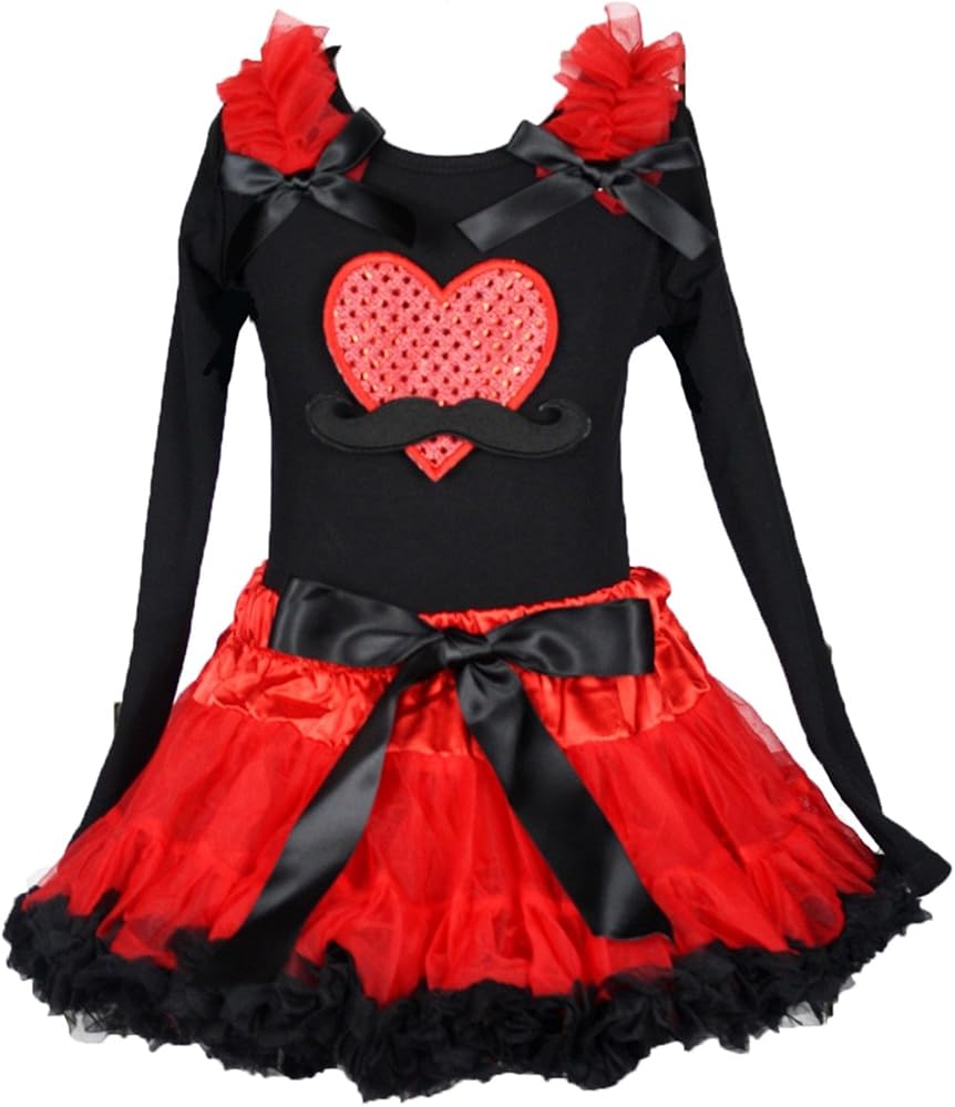 Petitebella Valentine Dress Mustache Heart Black L/s Cotton Shirt Red Black Skirt Set 1-8y