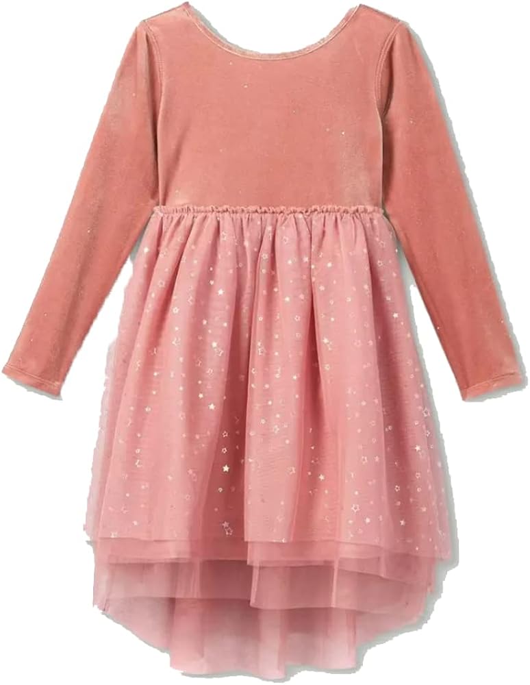 Cat & Jack Girls' Adaptive Velour to Tulle Sparkle Long Sleeve Dress - (Bush Pink, XX-Large 18)