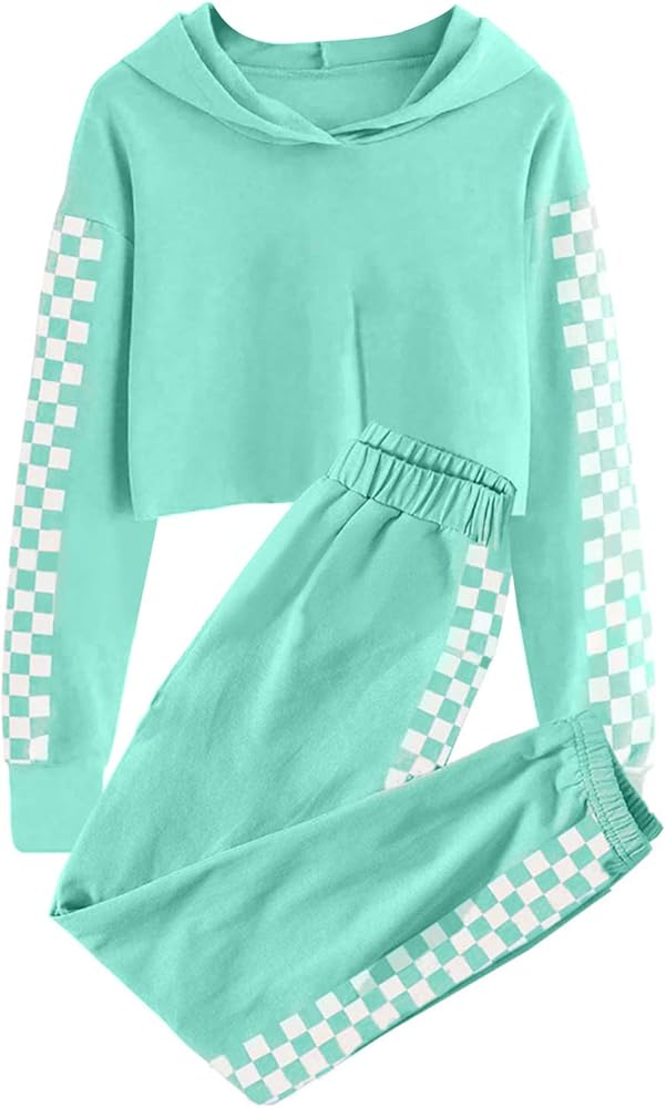 Girls 2 Piece Cute Plaid Outfits Crop Top Sweatshirt and Pants Set Fashion Kids Summer Outfit 3-14 Years