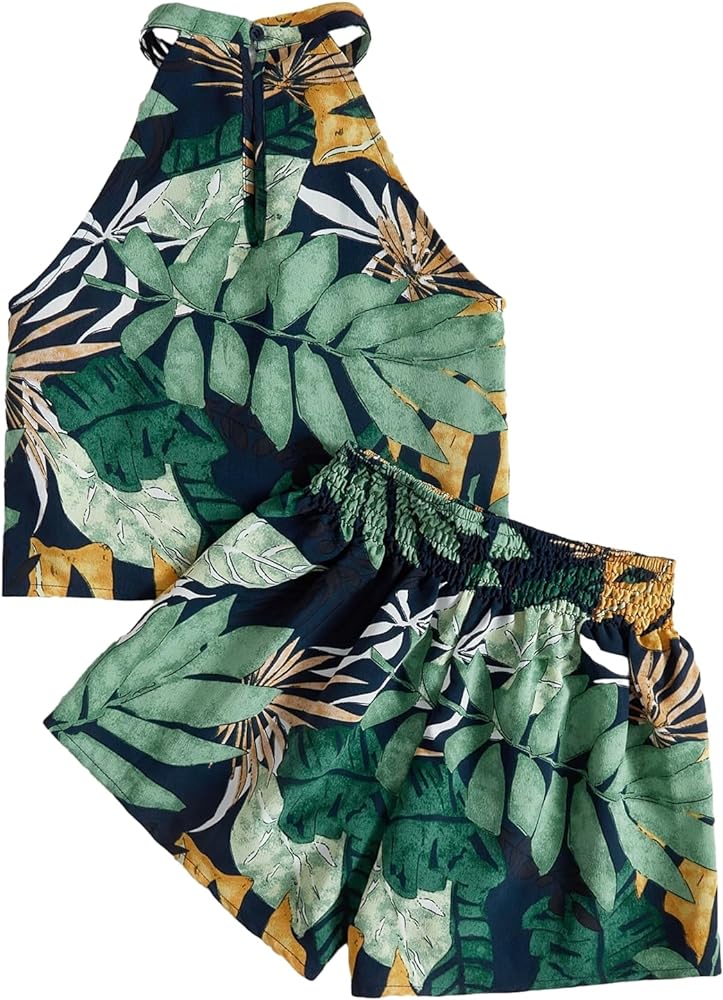 SOLY HUX Girl's 2 Piece Outfits Tropical Print Halter Top and Elastic High Waist Shorts Matching Set