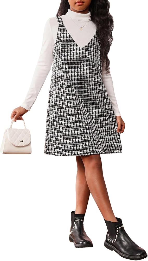 WDIRARA Girl's 2 Piece Outfits Mock Neck Long Sleeve Top and Houndstooth Sleeveless V Neck Mini Dress Set