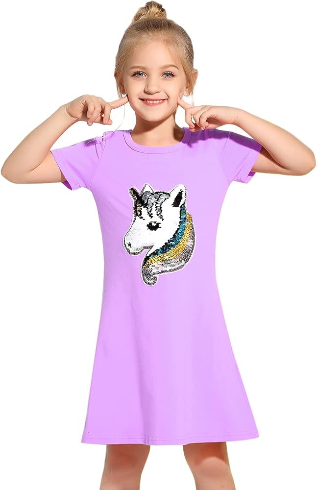 Arshiner Girls Summer Dress Kids Short Sleeve Cotton Sequins Printed T-Shirt Dresses