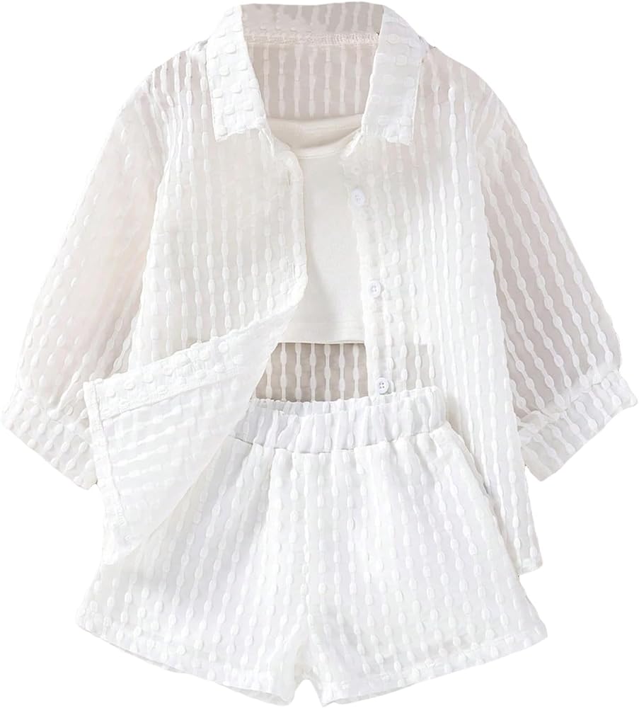 Floerns Girls 3 Piece Outfit Button Front Shirt Top and Camisole Shorts Set