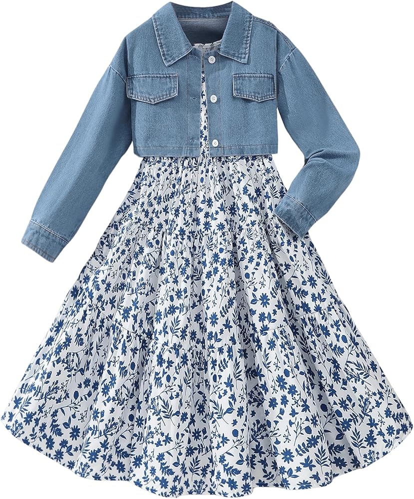 Girl's Two Piece Outfit Long Sleeve Denim Crop Jacket and Floral Print Ruffle Hem Tank Long Dress Set