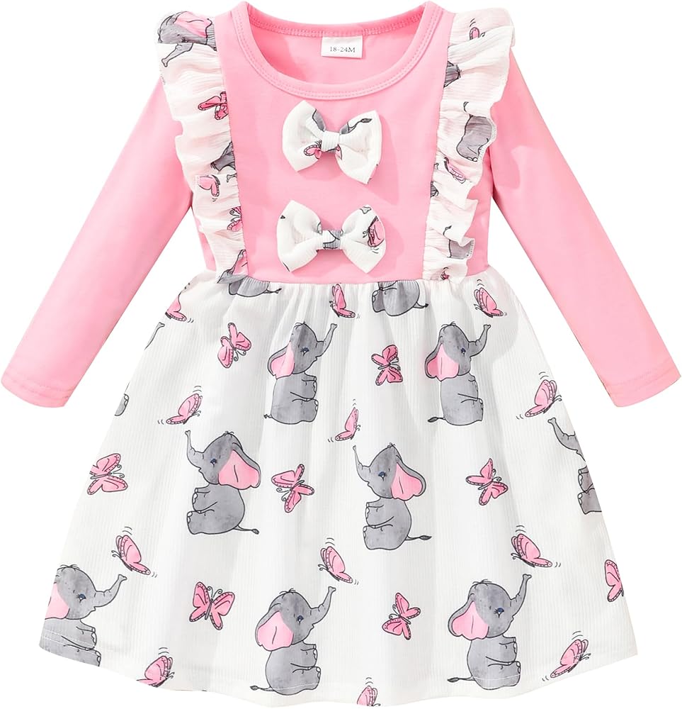 RETSUGO Little Girls Long Sleeve Dresses Print Splicing Ruffles Bowknot Girls A-line Dress