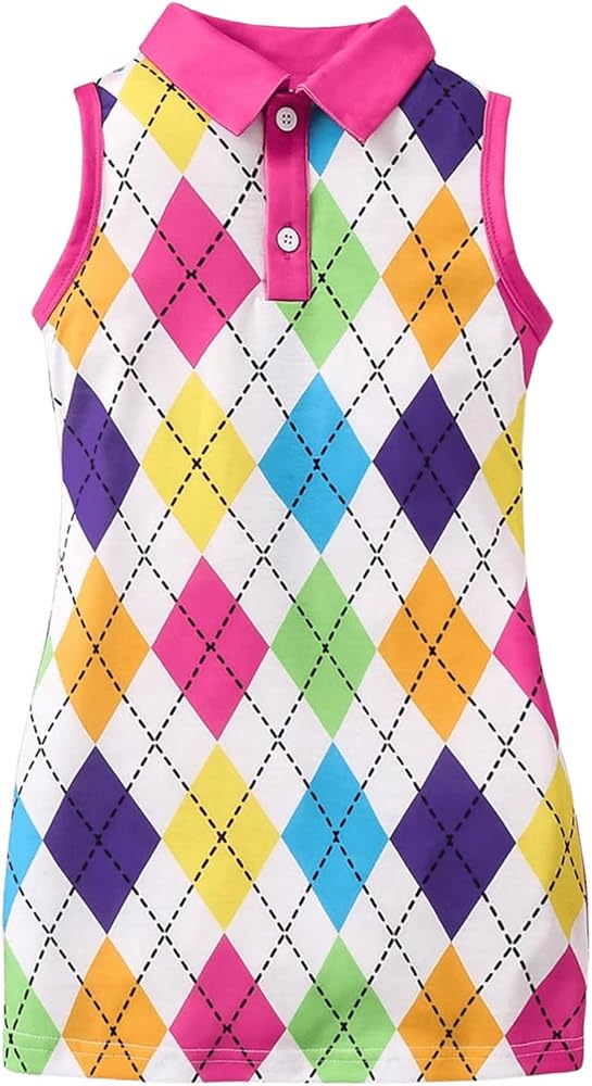 Girl's Cute Argyle Print Dress Sleeveless Turn Down Collar Button Front Bodycon Short Dresses