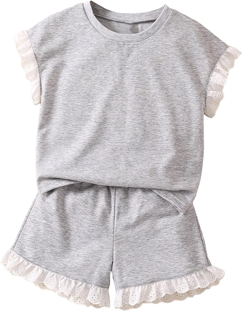 OYOANGLE Girl's 2 Piece Outfits Lace Eyelet Embroidery Trim Short Sleeve Round Neck Cute Tee Tops and Shorts Sets