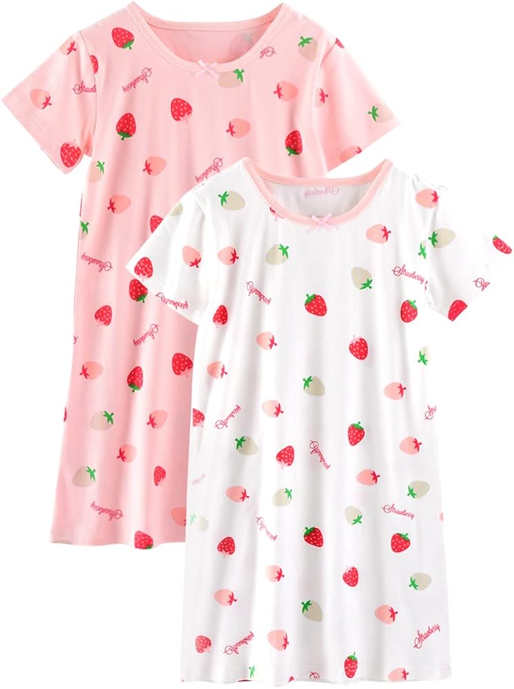 BANGSAUR Girls' Cotton Dress, Strawberry Long Sleeve Dresses, 2 Pack 3-15 Years