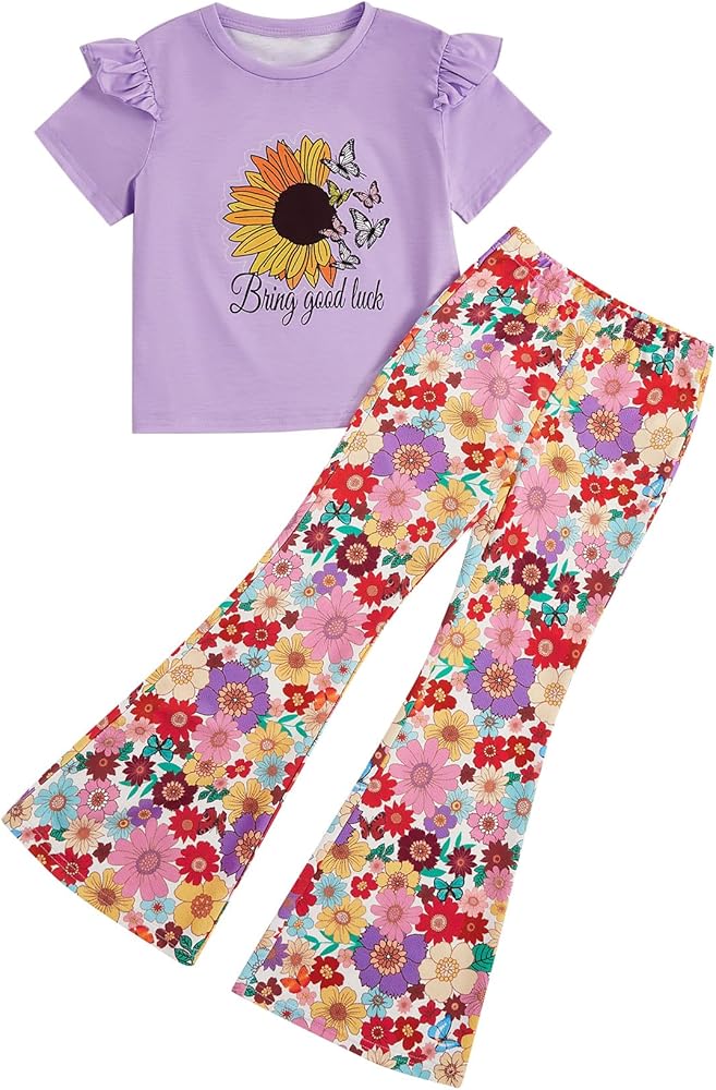 OYOANGLE Girl's 2 Piece Clothes Set Short Sleeve T-Shirt and Flare Leg Pants Set Outfits