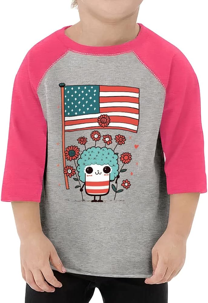 Cute Patriotic Toddler Baseball T-Shirt - Flag Design 3/4 Sleeve T-Shirt - Cool Kids' Baseball Tee