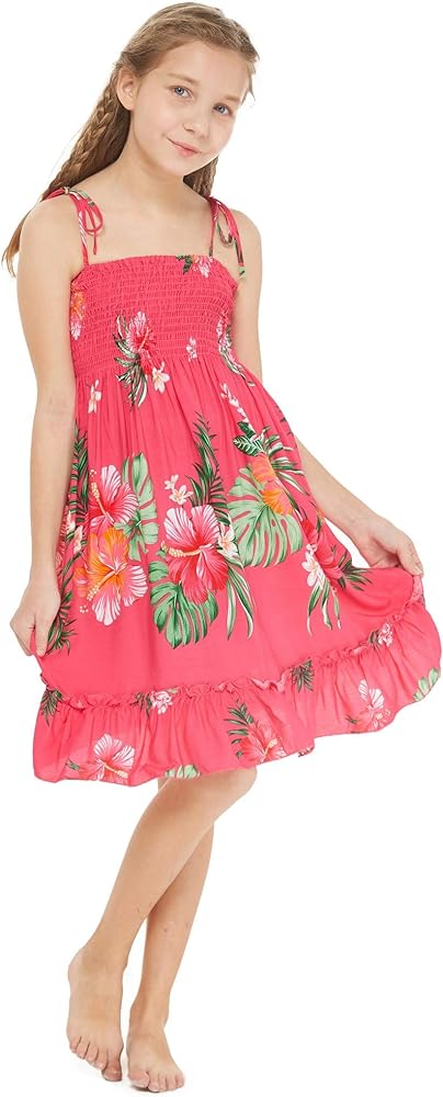 Girl Hawaiian Elastic Top Strap Dress in Pretty Tropical Hot Pink