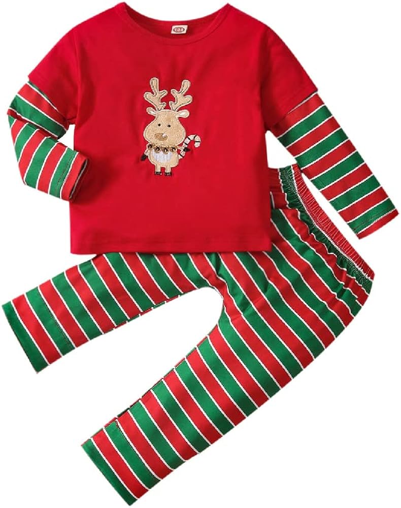 Quenny new Christmas girls' Christmas elk print suits,red and green striped embroidered cotton top and trousers suits.