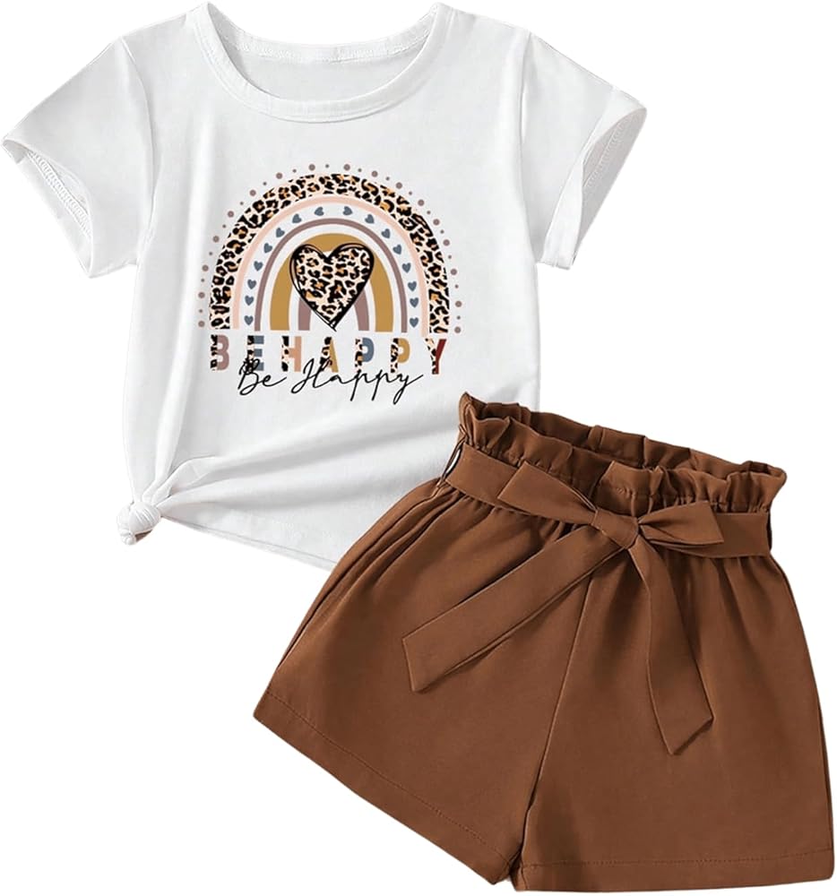 Girl's Two Piece Outfits Short Sleeve Crewneck Graphic Tees Shirts and Belted Shorts Set Summer Sets