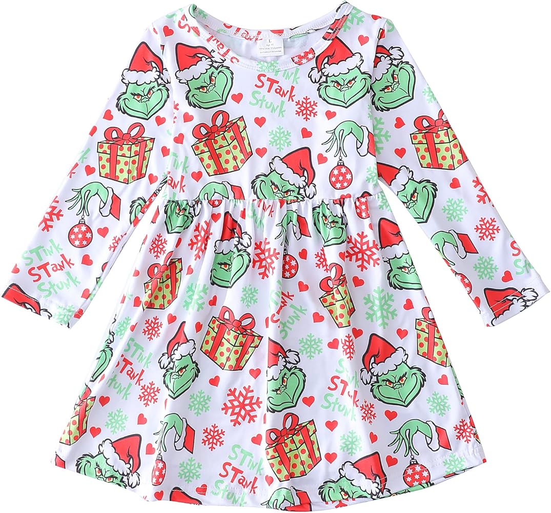 Christmas Kids Toddler Girls Green Ghosts Dress Twirl Long Sleeve Dress 3-4T