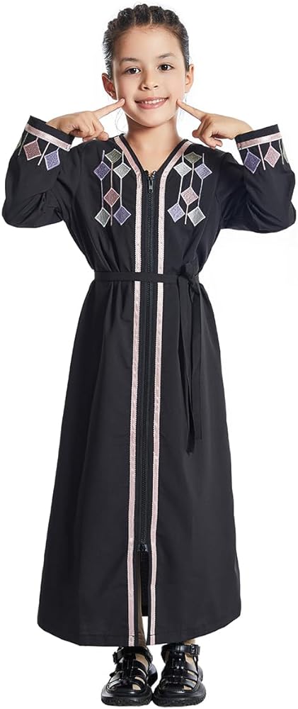 ODIZLI Kids Girls Abaya Long Sleeve Hooded Maxi Dress Dubai Islamic Dress Casual Dress