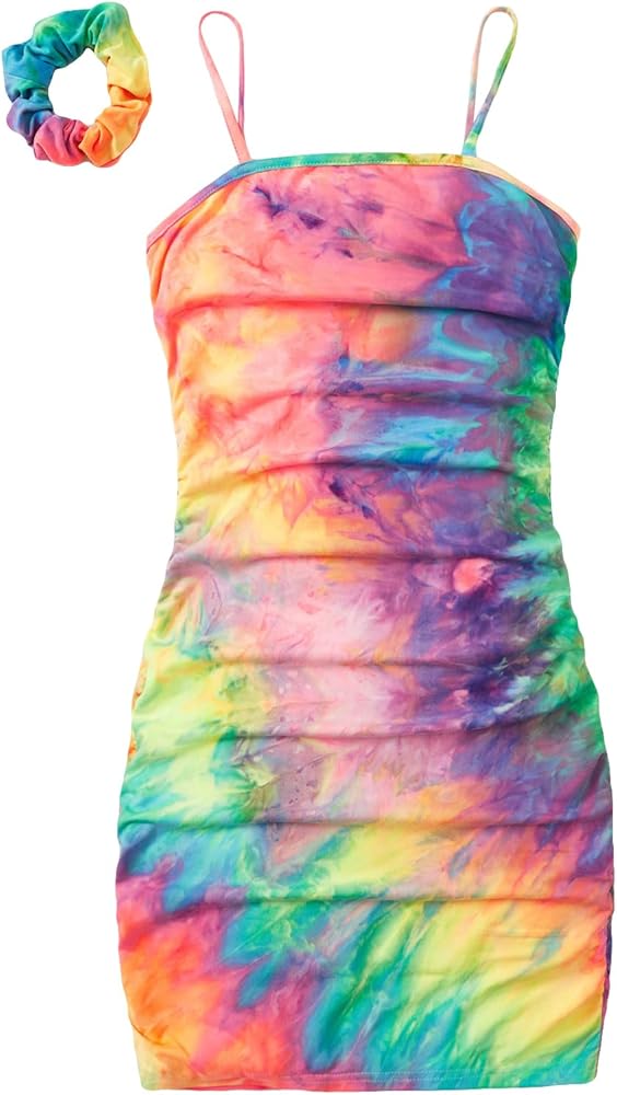 Verdusa Girl's Summer Ruched Cami Dresses Spaghetti Strap Tie Dye Bodycon Dress