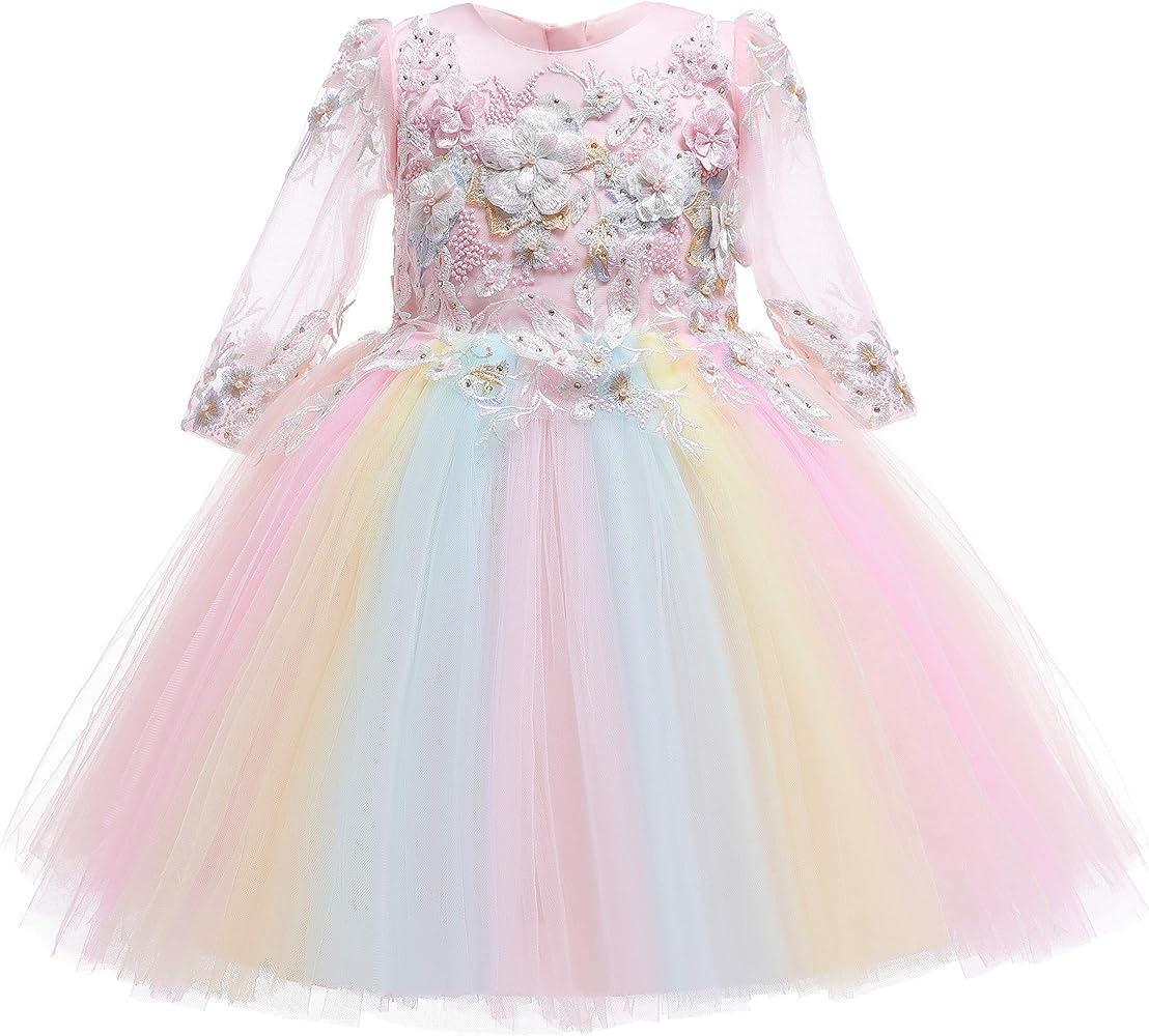 Weileenice Flower Girls Rainbow Tulle Dress Lace Sleeves Embroidery Kids Bridesmaid Wedding Party Birthday Tutu Dresses