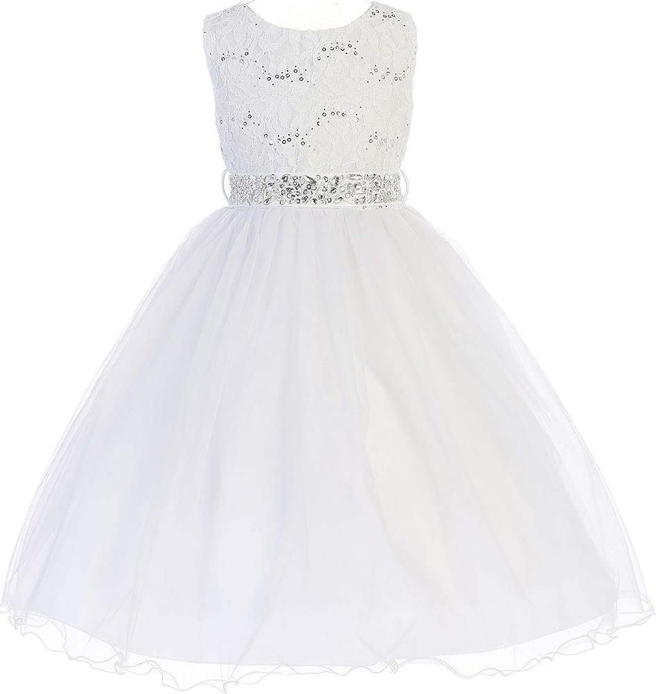 Glitter Sequined Bodice Double Layer Tulle Rhinestone Easter Flower Girl Dress