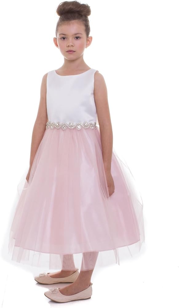 Allison Collections Girl's Two Tone Flower Girl Dress with Rhinestone Belt