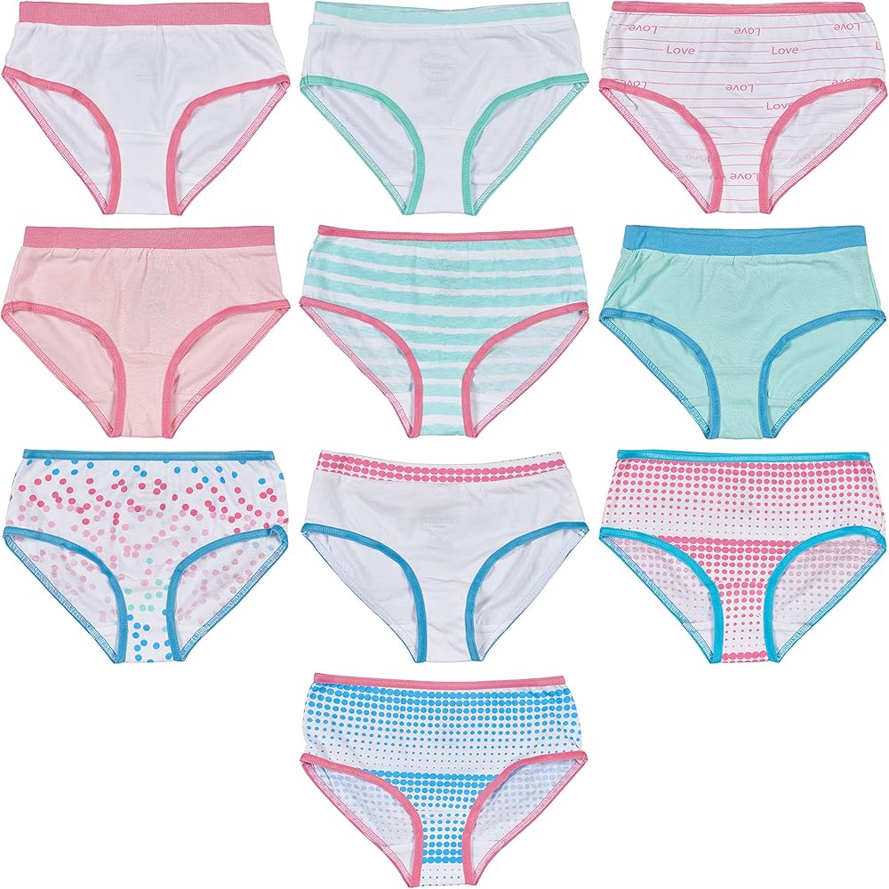 Trimfit Girls 100% Cotton Colorful Briefs Panties (Pack of 10), Dots/Love, X-Small (2-4)